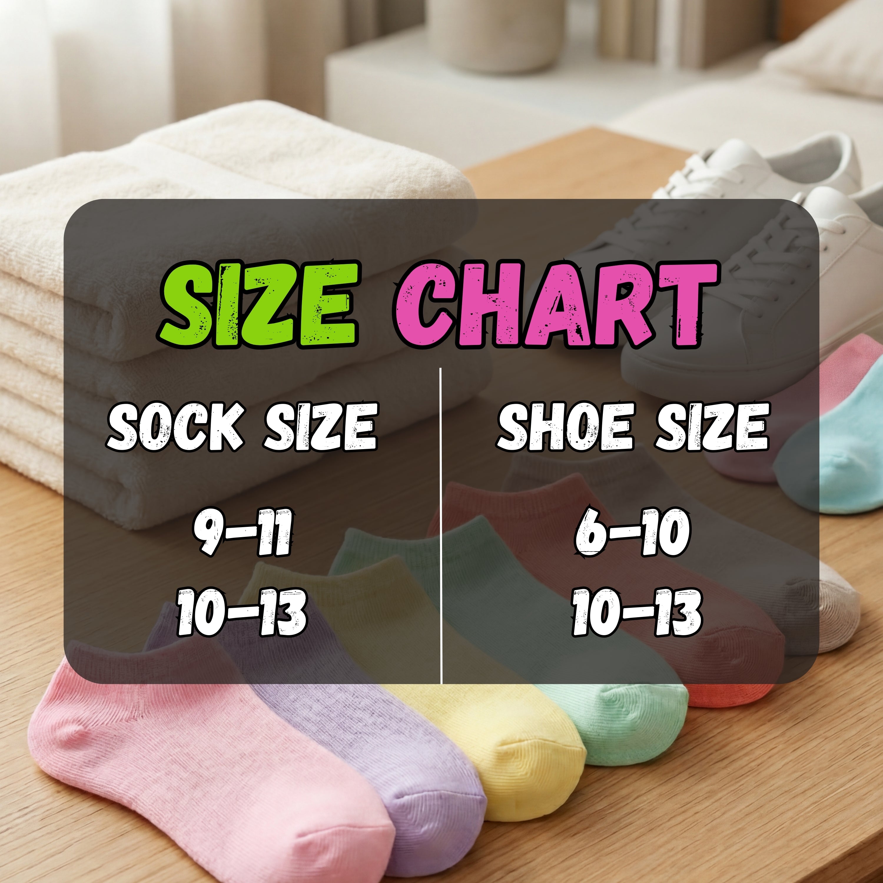 Colorful socks displayed with a size chart overlay on a wooden surface.