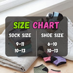 Size chart for socks and shoes with a stack of socks and a pair of shoes on a light background.
