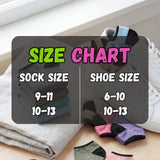 Size chart for socks and shoes with a stack of socks and a pair of shoes on a light background.