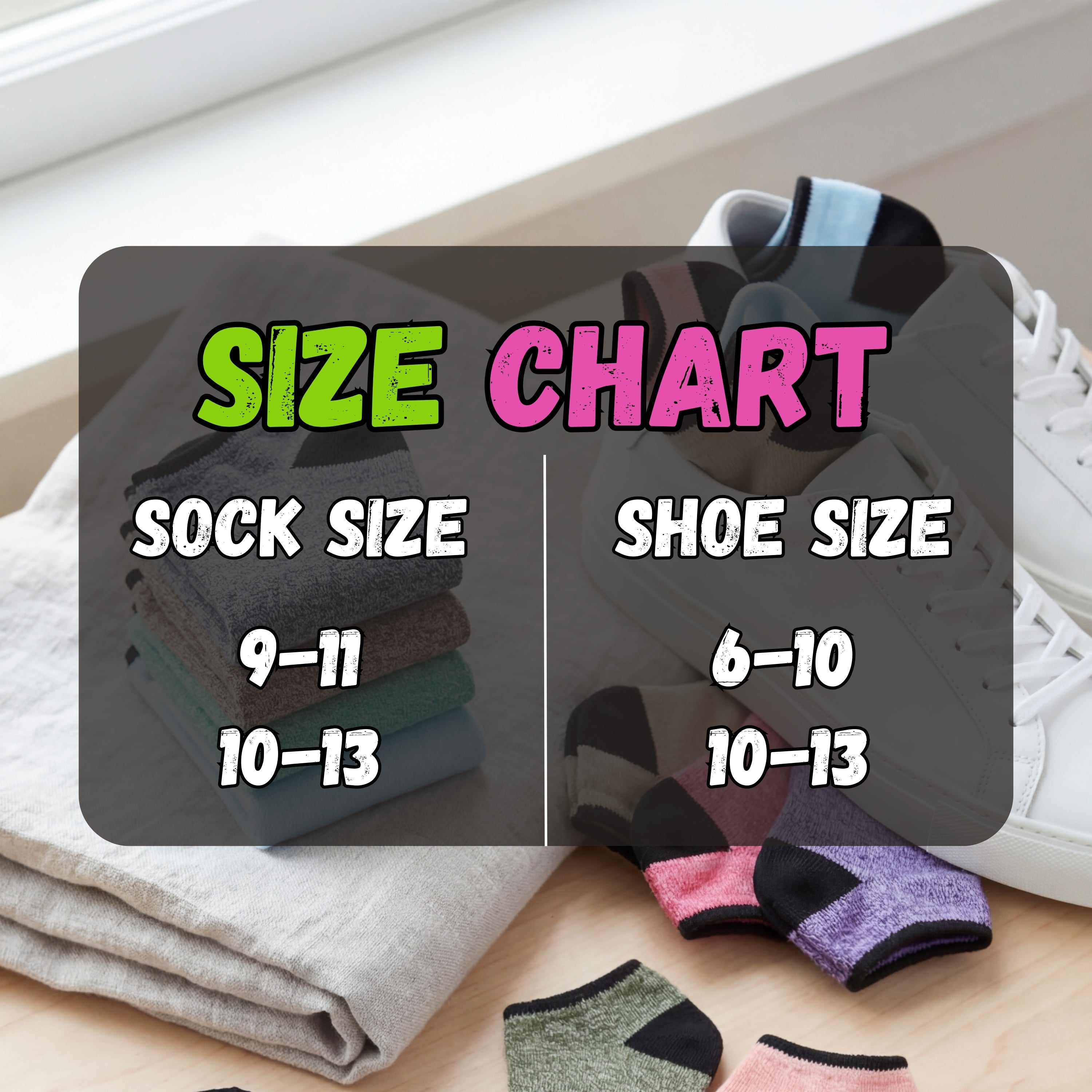 Size chart for socks and shoes with a stack of socks and a pair of shoes on a light background.