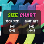 Colorful socks with a size chart indicating sock and shoe sizes.