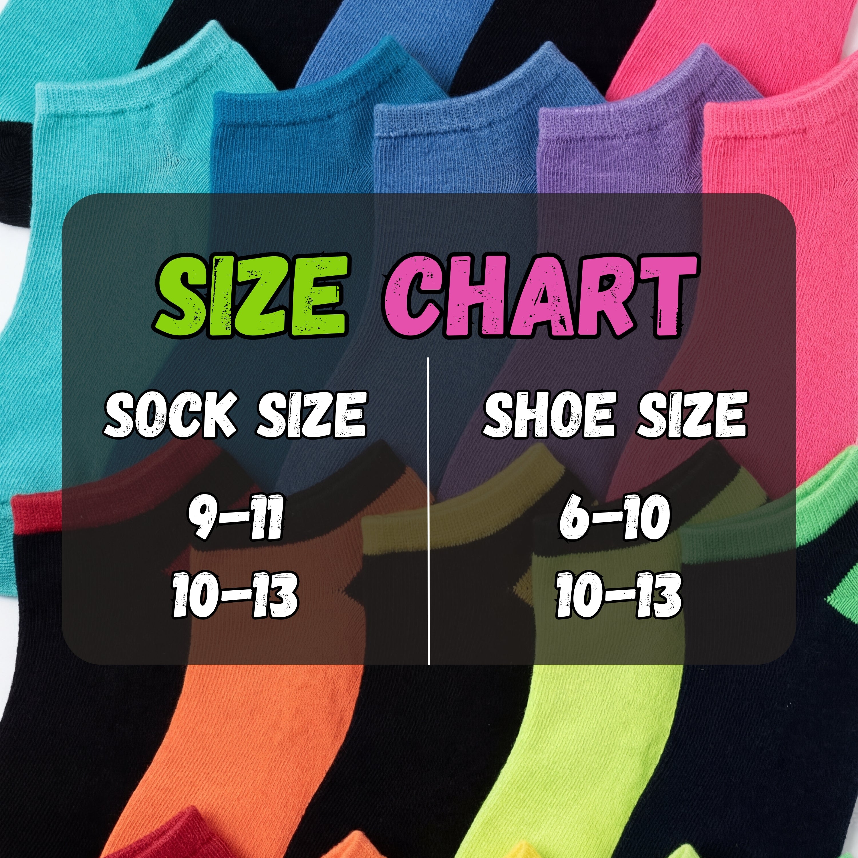 Colorful socks with a size chart indicating sock and shoe sizes.