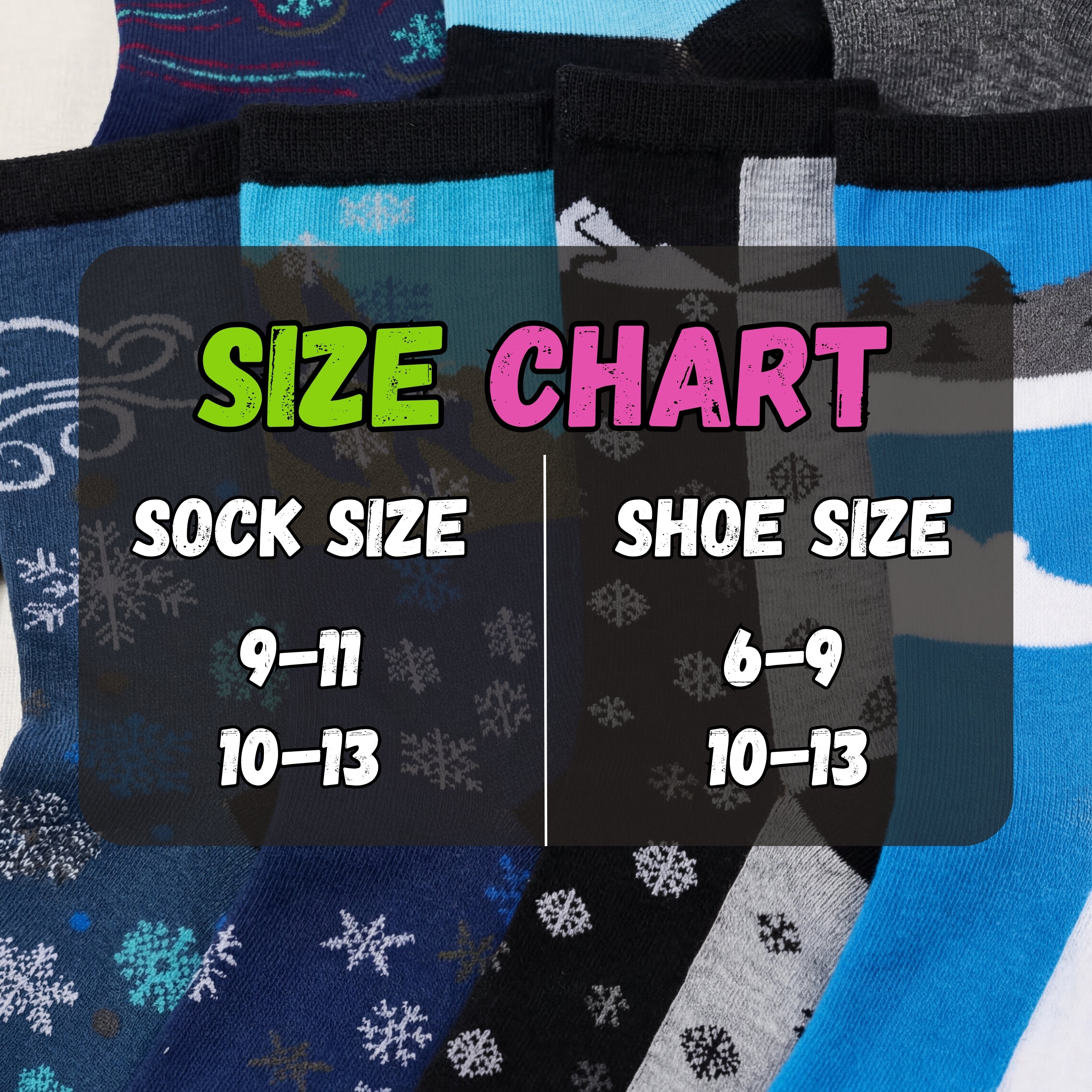 Size chart overlay on a background of patterned socks with snowflakes.