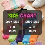 Colorful socks displayed with a size chart overlay on a wooden surface.