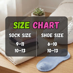 Size chart overlay on a scene with socks and shoes on a wooden surface.