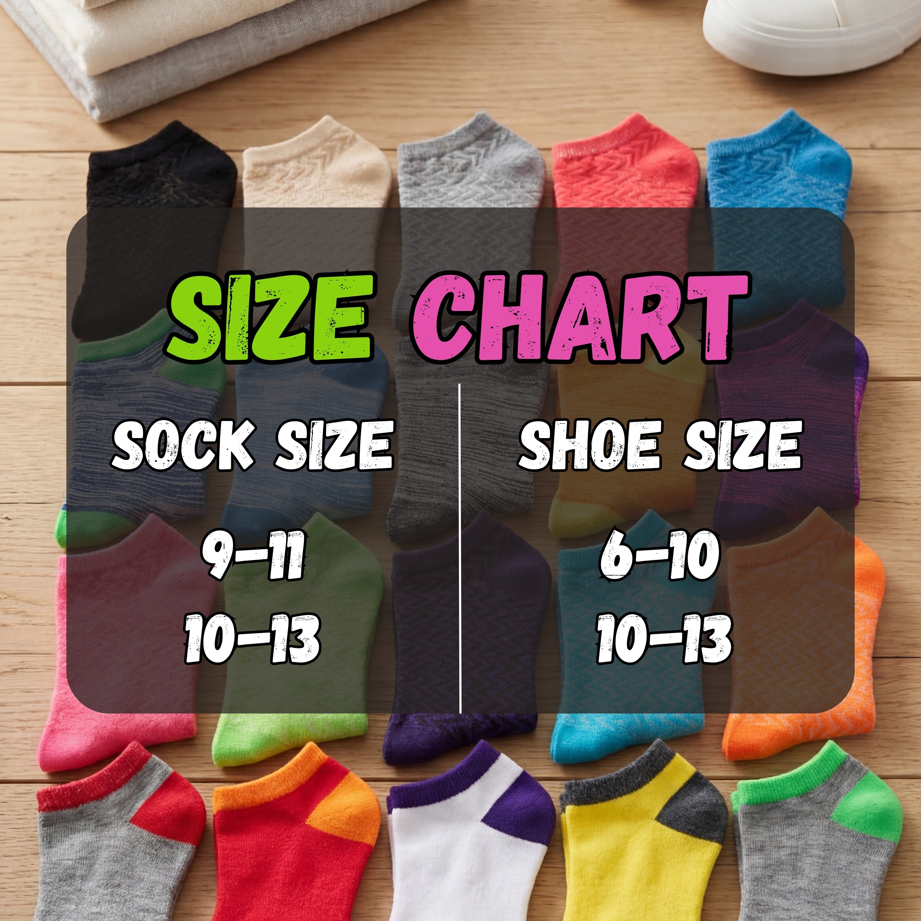 Colorful socks displayed with a size chart on a wooden surface