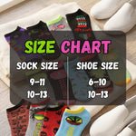 Colorful socks with a size chart showing sock and shoe size correspondences.