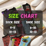 Colorful socks with a size chart showing sock and shoe size correspondences.
