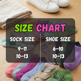 Colorful socks with a size chart overlay on a wooden surface