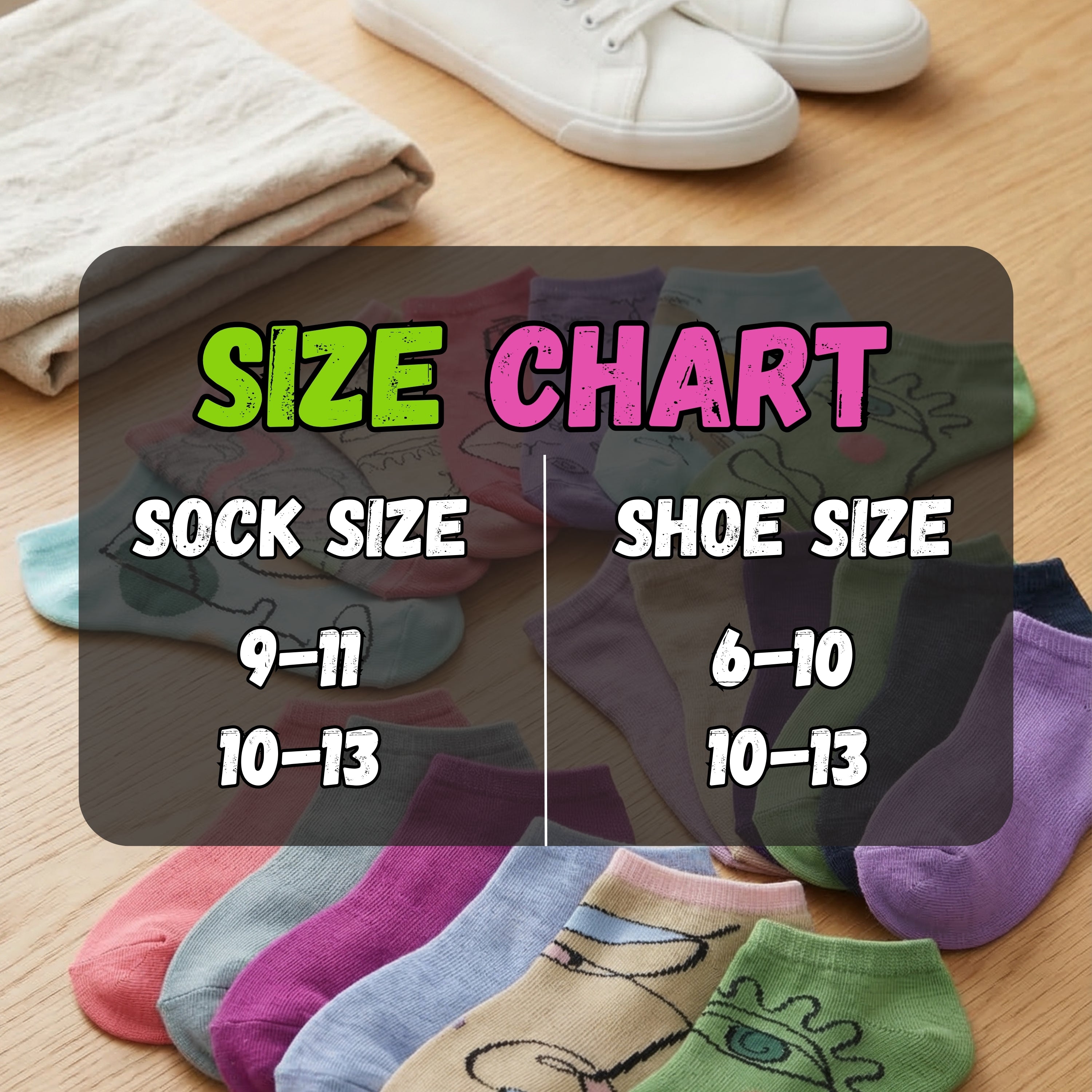 Colorful socks with a size chart overlay on a wooden surface