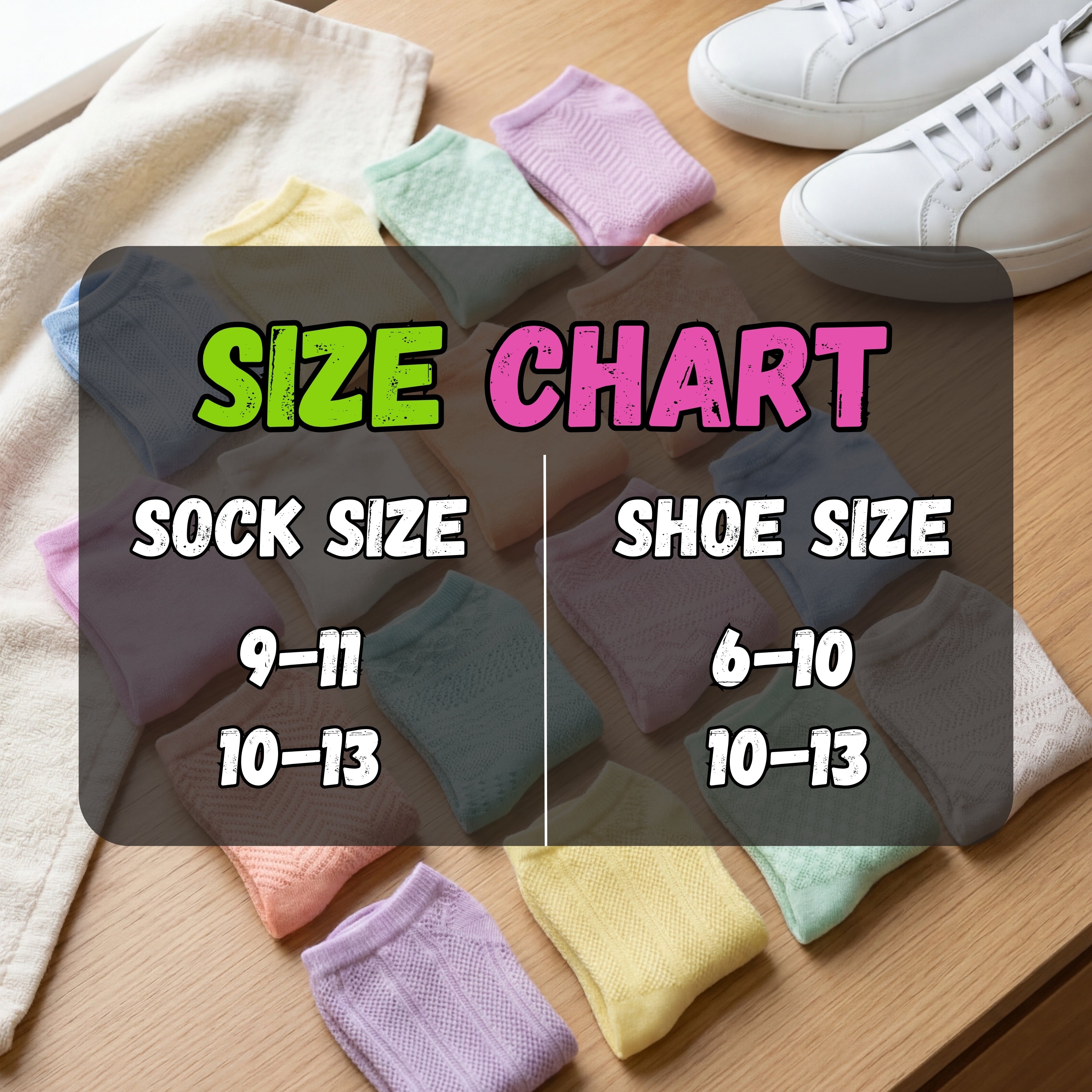 Colorful socks with a size chart on a wooden surface