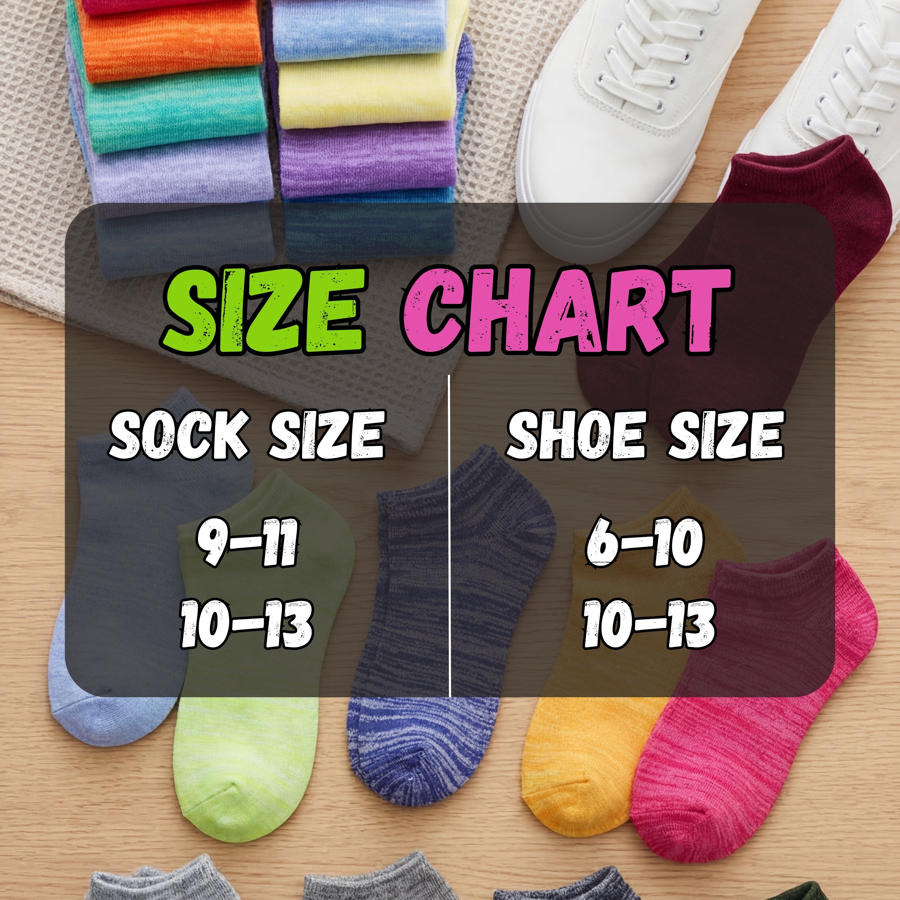 Colorful socks and shoes with a size chart overlay on a wooden surface.