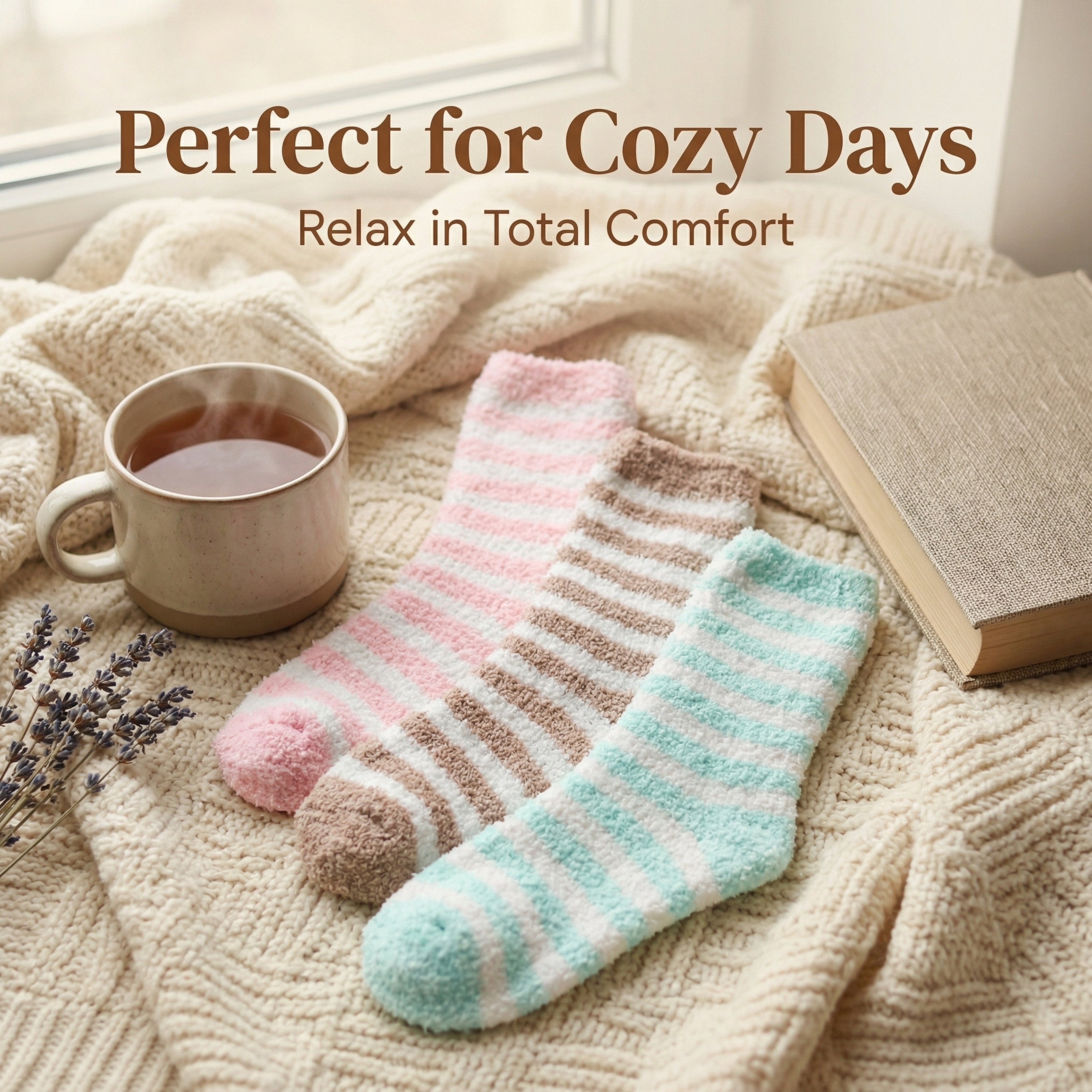 Pair of striped socks on a soft blanket with a cup of tea, book, and lavender flowers.