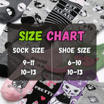 Collection of socks with various designs and a size chart overlay.