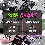 Collection of socks with various designs and a size chart overlay.