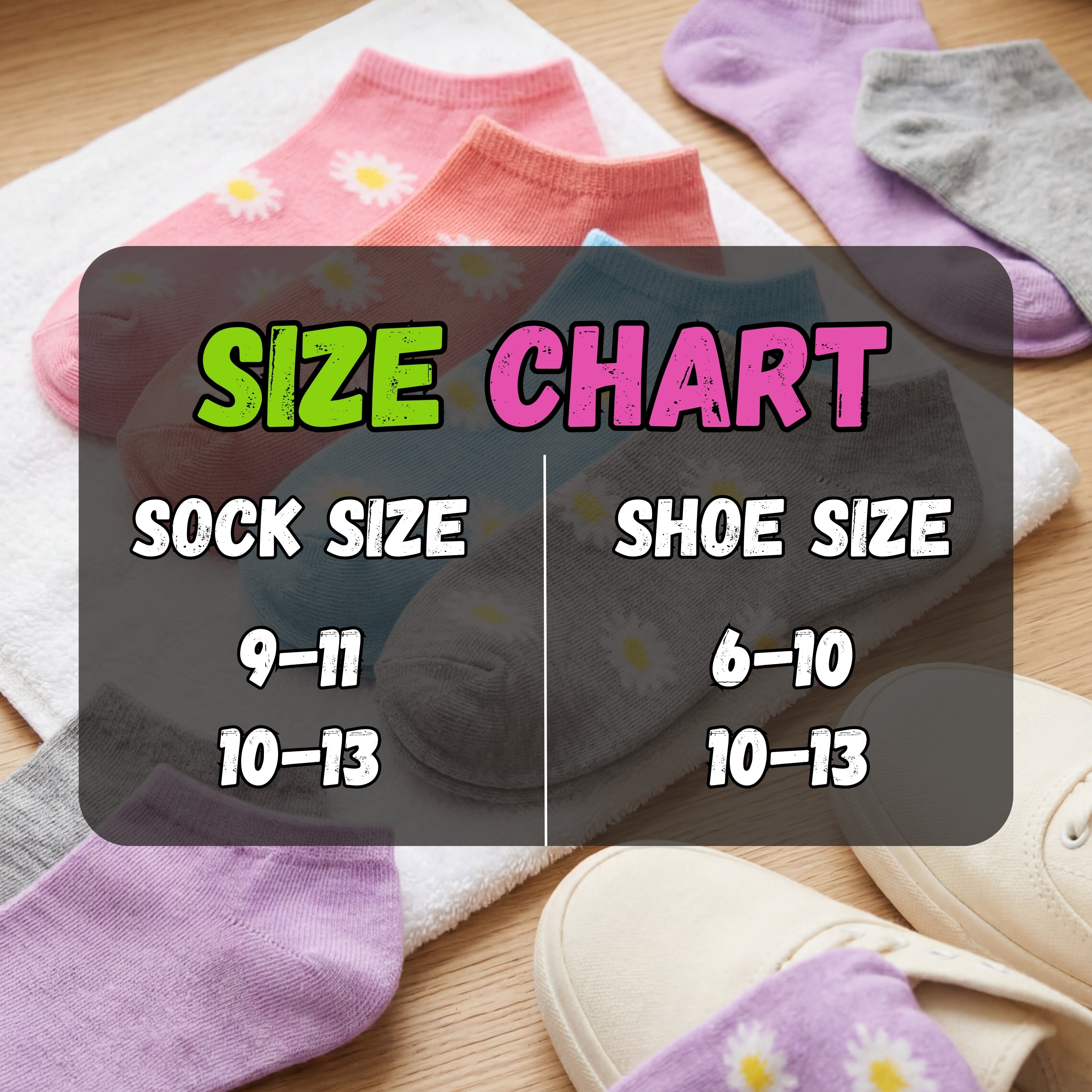 Colorful socks with a size chart indicating sock to shoe size correspondence on a wooden surface.
