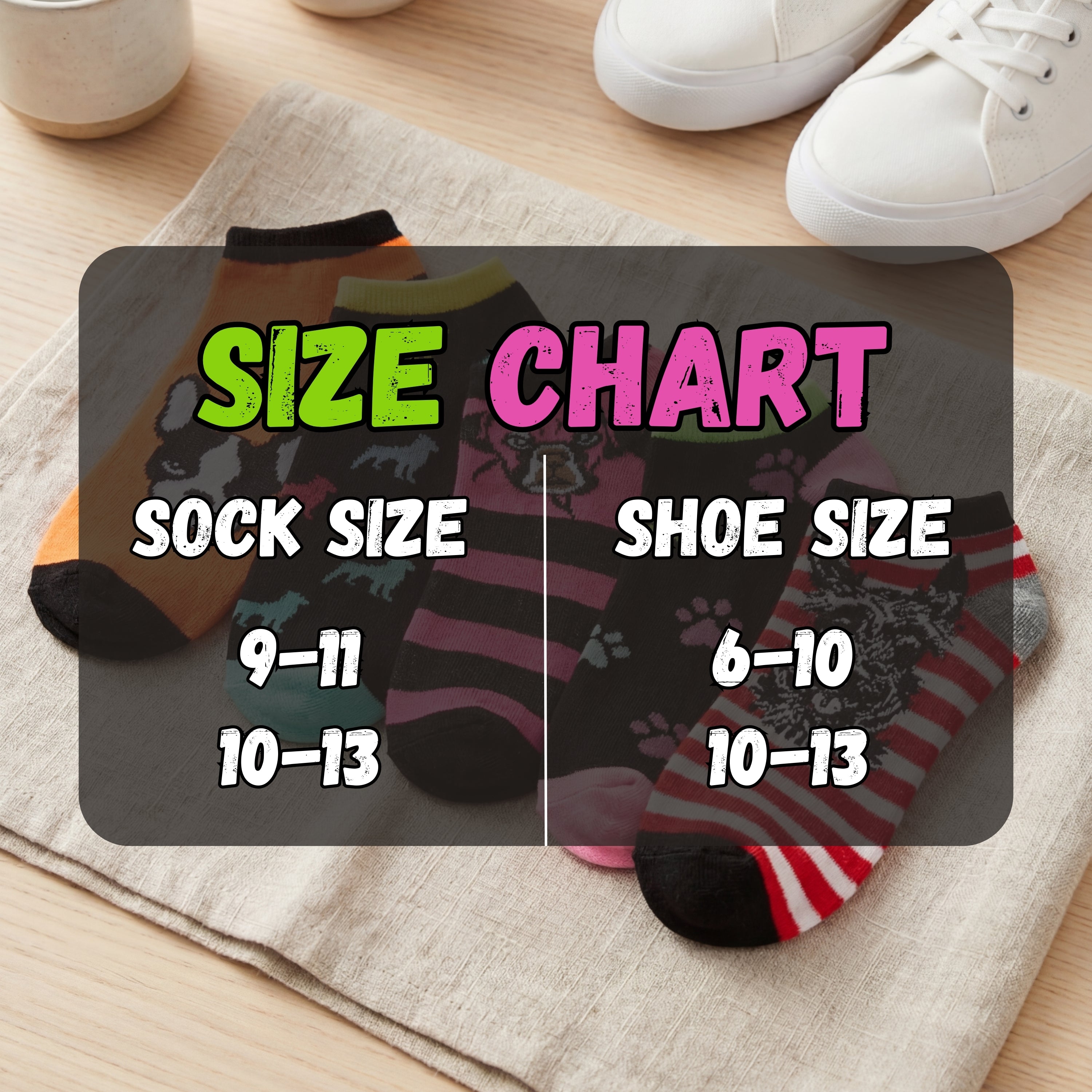 Size chart for socks and shoes with colorful socks on a wooden surface.