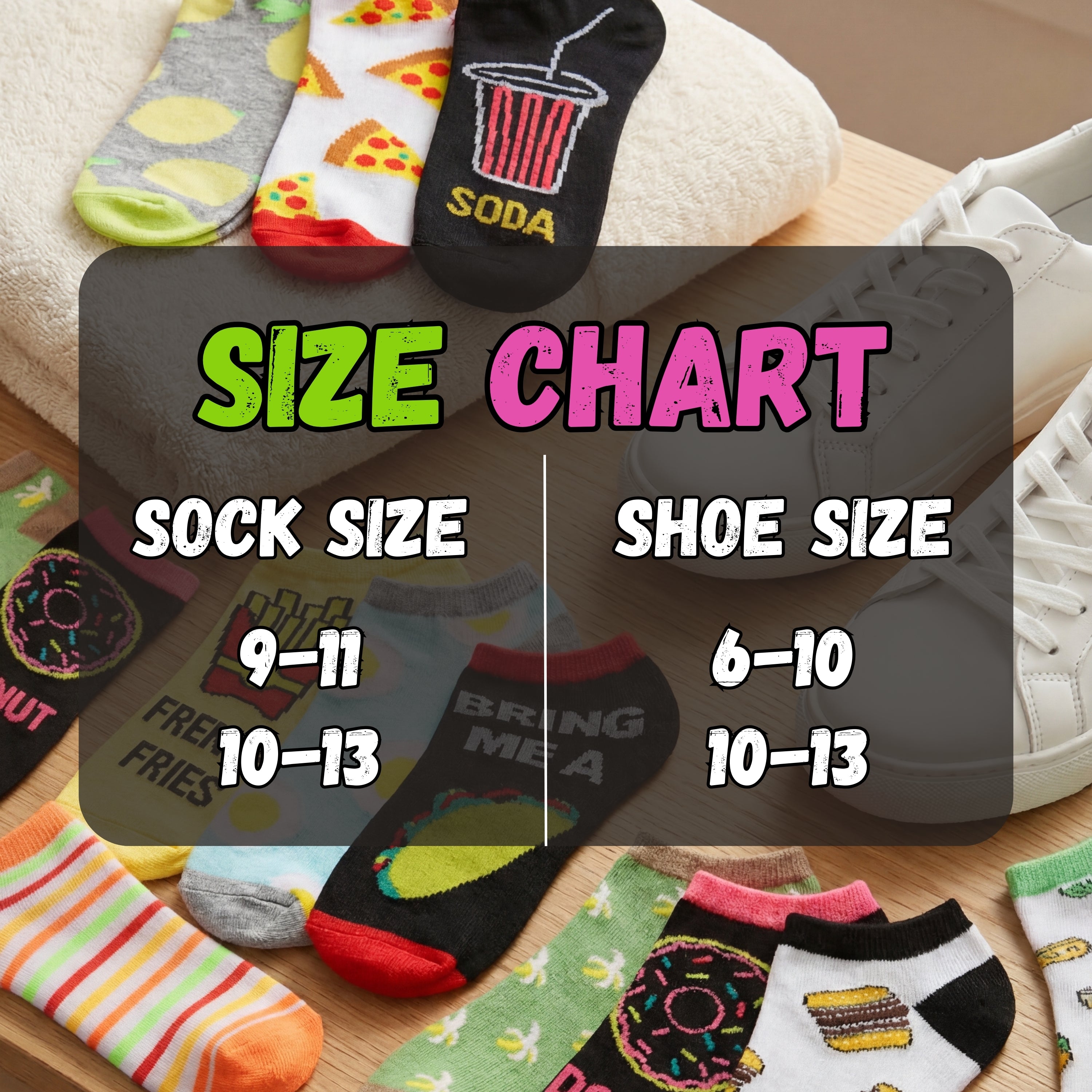 Colorful socks with various designs on a wooden surface, featuring a size chart for socks and shoes.