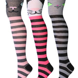 Isadora Paccini Women's 3 Pairs Cuddly Cat Motifs Fuchsia Pink Black with Grey Stripes Over The Knee High Socks