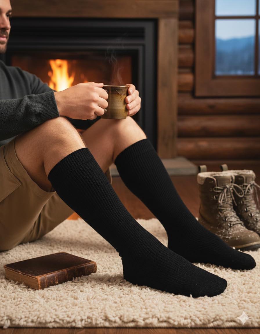 A person sitting by a fireplace wearing black ribbed knee-high socks, holding a mug, with brown lace-up boots on a rug in a rustic cabin setting.