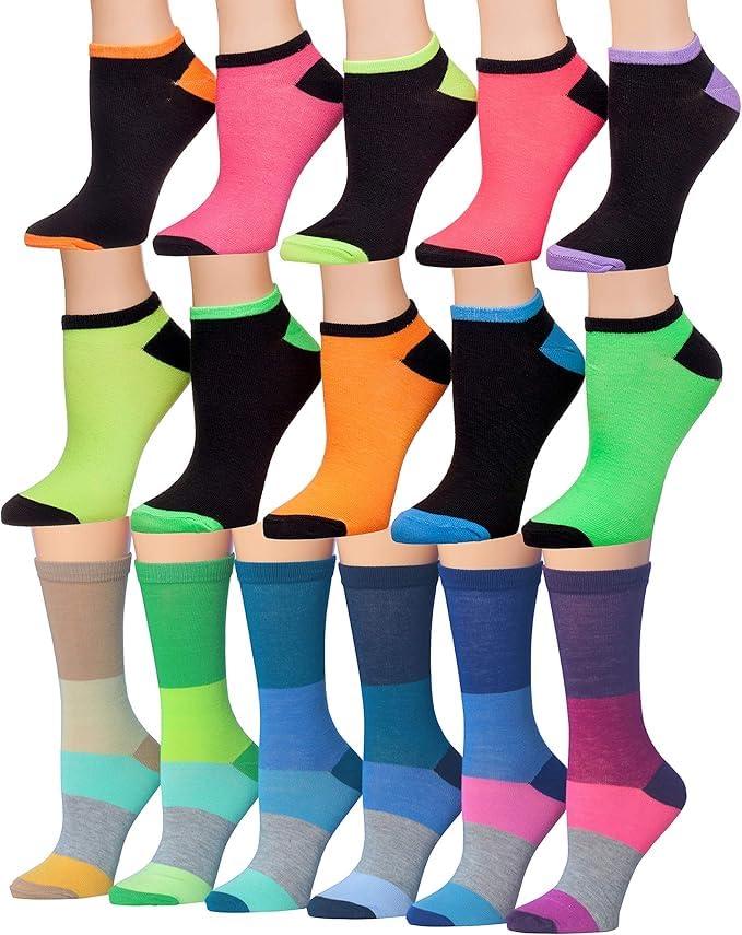 Women's 16 Pack Bold Color Block Lightweight Colorful Patterned Low Cut/Crew Socks - Socks