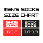 A men's socks size chart graphic with bold black text reading 'MEN'S SOCKS SIZE CHART' above two red and two black boxes showing shoe size and sock size conversions.