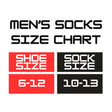 A men's socks size chart graphic with bold black text reading 'MEN'S SOCKS SIZE CHART' above two red and two black boxes showing shoe size and sock size conversions.