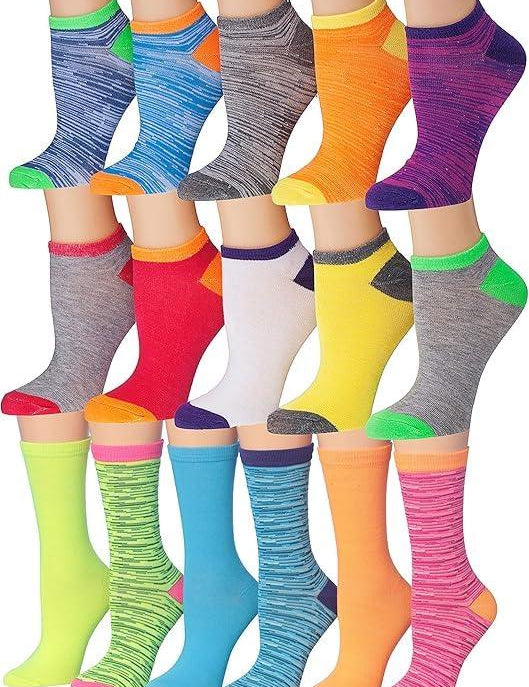 Women's 16 Pack Vibrant Neon Mix Lightweight Colorful Patterned Low Cut/Crew Socks - Socks