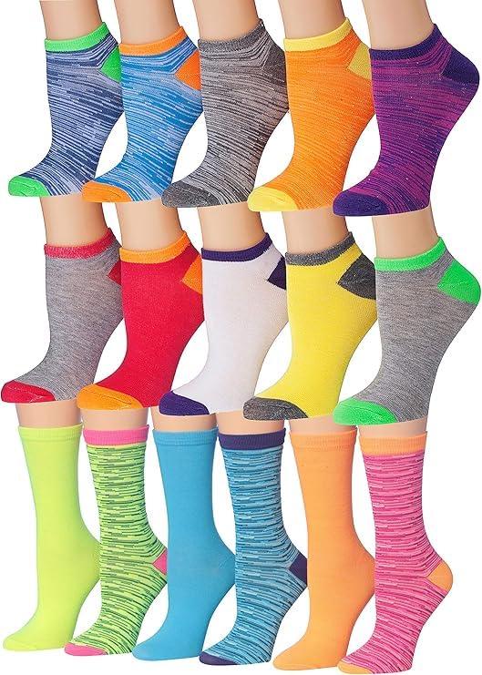 Women's 16 Pack Vibrant Neon Mix Lightweight Colorful Patterned Low Cut/Crew Socks - Socks