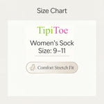 TipiToe women's sock size chart with comfort stretch fit indicator on a white background
