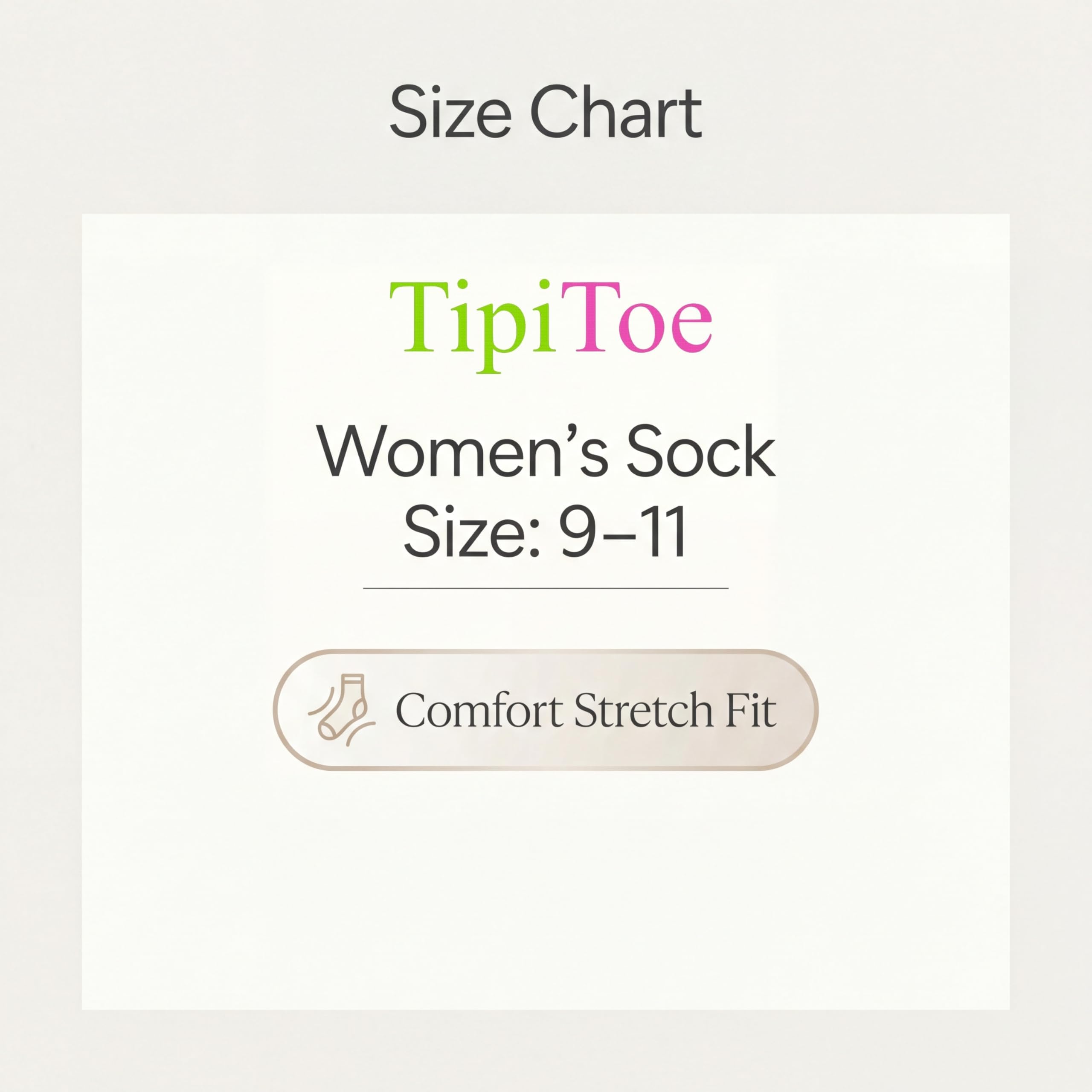 TipiToe women's sock size chart with comfort stretch fit indicator on a white background