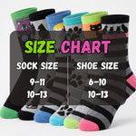 A size chart graphic showing six pairs of crew socks with colorful cat-themed patterns and black paw prints, labeled with sock size ranges 9-11, 10-13, and shoe size ranges 6-10, 10-13 on a light gray background.
