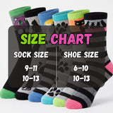 A size chart graphic showing six pairs of crew socks with colorful cat-themed patterns and black paw prints, labeled with sock size ranges 9-11, 10-13, and shoe size ranges 6-10, 10-13 on a light gray background.