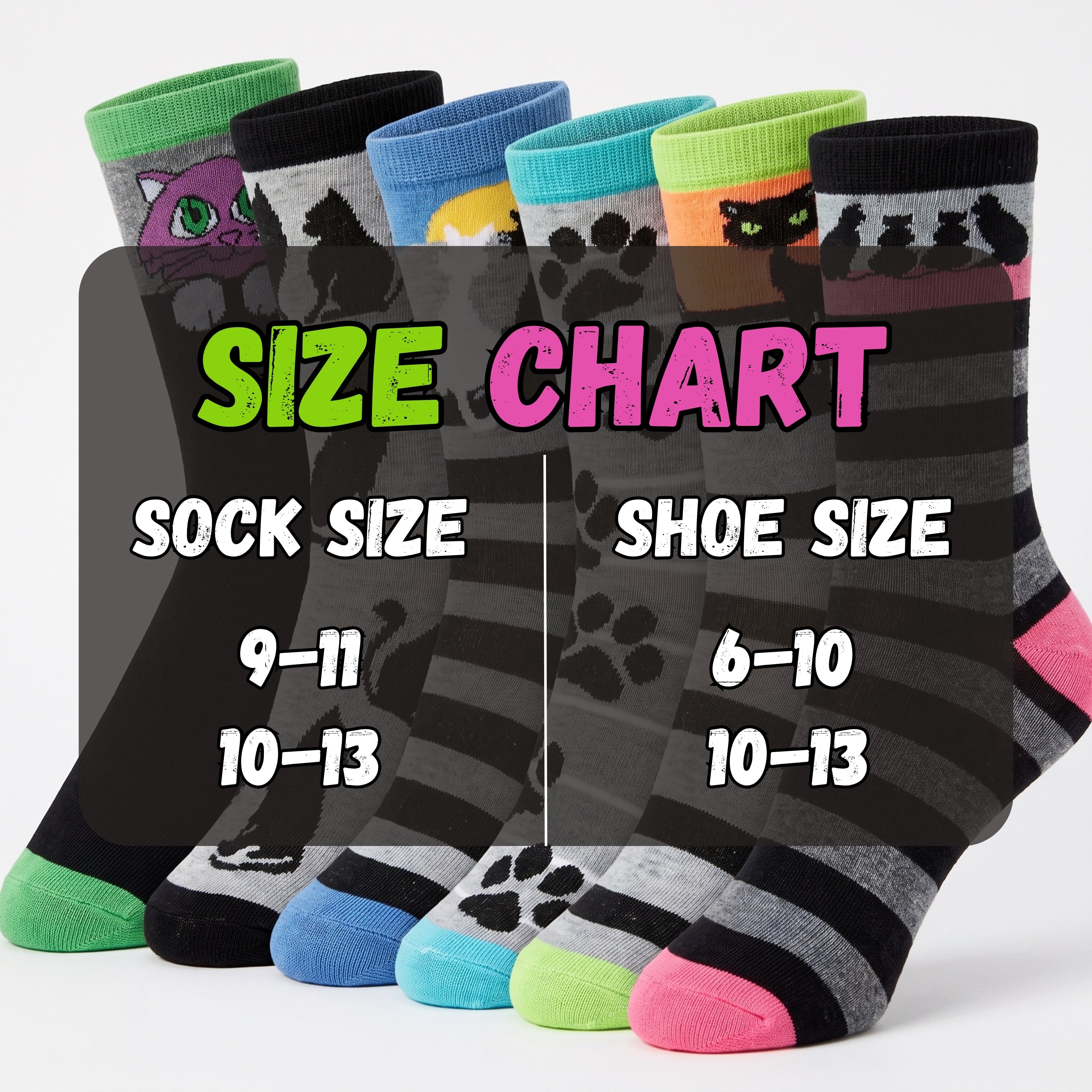 A size chart graphic showing six pairs of crew socks with colorful cat-themed patterns and black paw prints, labeled with sock size ranges 9-11, 10-13, and shoe size ranges 6-10, 10-13 on a light gray background.