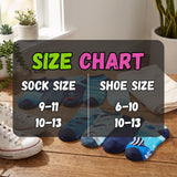 A size chart graphic overlaid on a styled product photo showing several pairs of children's socks in blue and navy tones, with a white sneaker and folded white socks on a wooden floor. The chart reads 'SIZE CHART' and lists sock sizes 9-11, 10-13, and shoe sizes 6-10, 10-13.