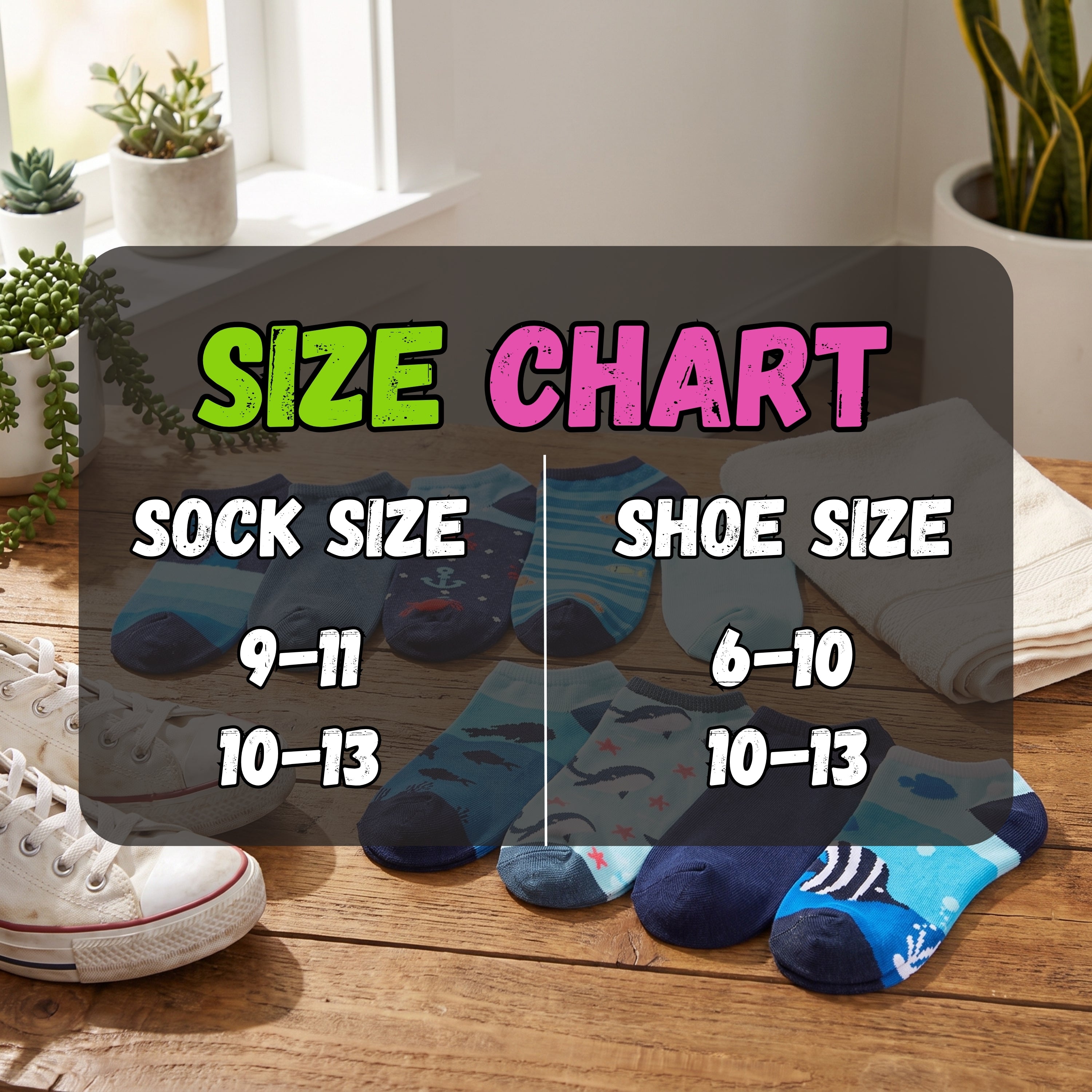 A size chart graphic overlaid on a styled product photo showing several pairs of children's socks in blue and navy tones, with a white sneaker and folded white socks on a wooden floor. The chart reads 'SIZE CHART' and lists sock sizes 9-11, 10-13, and shoe sizes 6-10, 10-13.