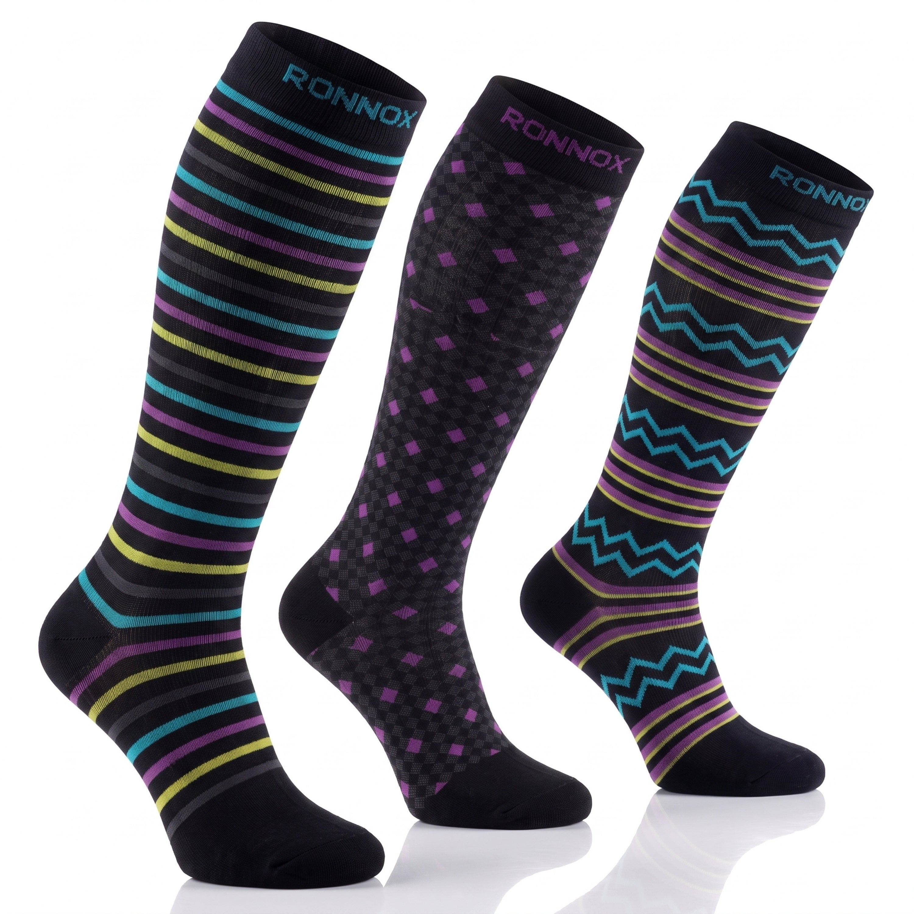 Three knee-high socks by Ronnox on a white background, each with a different colorful stripe and pattern design on a black base.