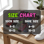A size chart overlay for socks and shoes, showing a split comparison between sock size 9-11 / 10-13 on the left and shoe size 6-10 / 10-13 on the right, with colorful socks and a white sneaker on a wooden table in a bright room.
