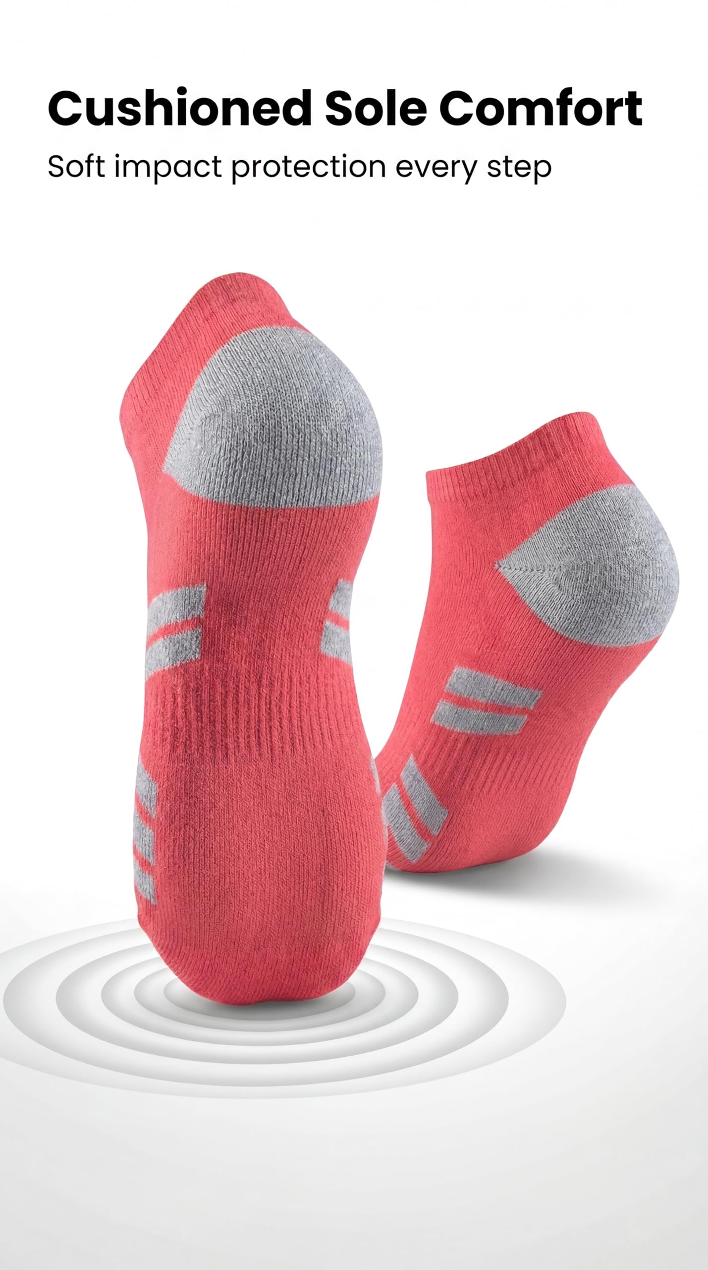 Red socks with gray cushioned sole on a white background