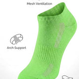 Green athletic sock with text highlighting features on a white background