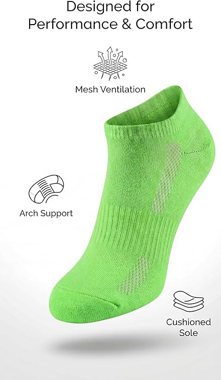 Green athletic sock with text highlighting features on a white background