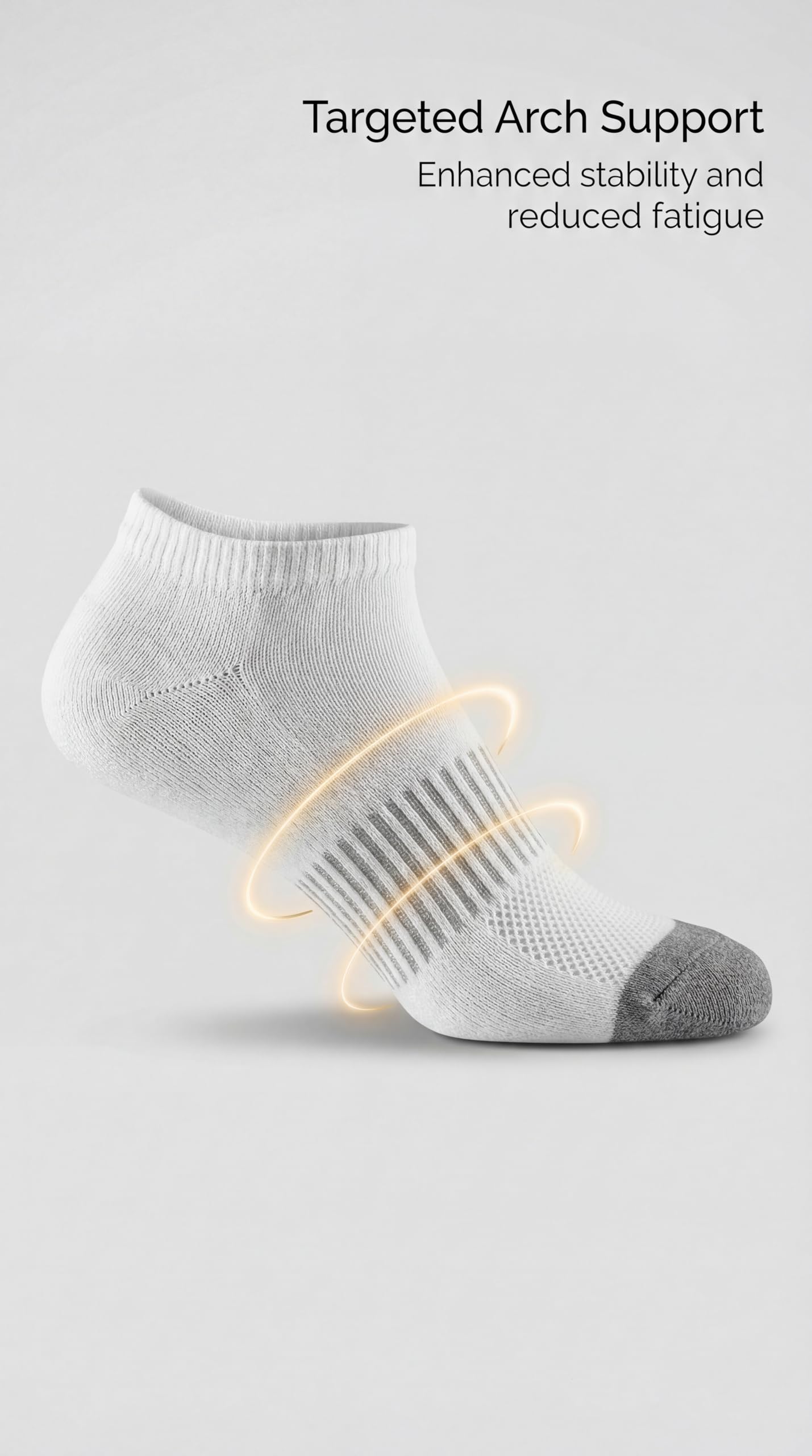 Gray ankle sock with targeted arch support on a light gray background