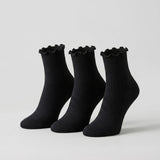 Solid Black Turn-Cuff Quarter Ruffle Socks