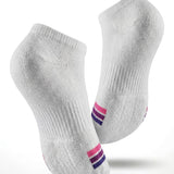 A pair of white low-cut ankle socks floating above a water ripple effect, with text at the top reading 'Cushioned Sole Comfort' and 'Soft impact protection every step.' The socks have small pink and purple striped accents near the toes.