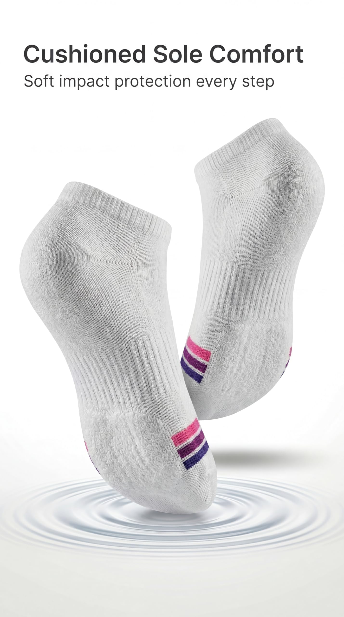 A pair of white low-cut ankle socks floating above a water ripple effect, with text at the top reading 'Cushioned Sole Comfort' and 'Soft impact protection every step.' The socks have small pink and purple striped accents near the toes.