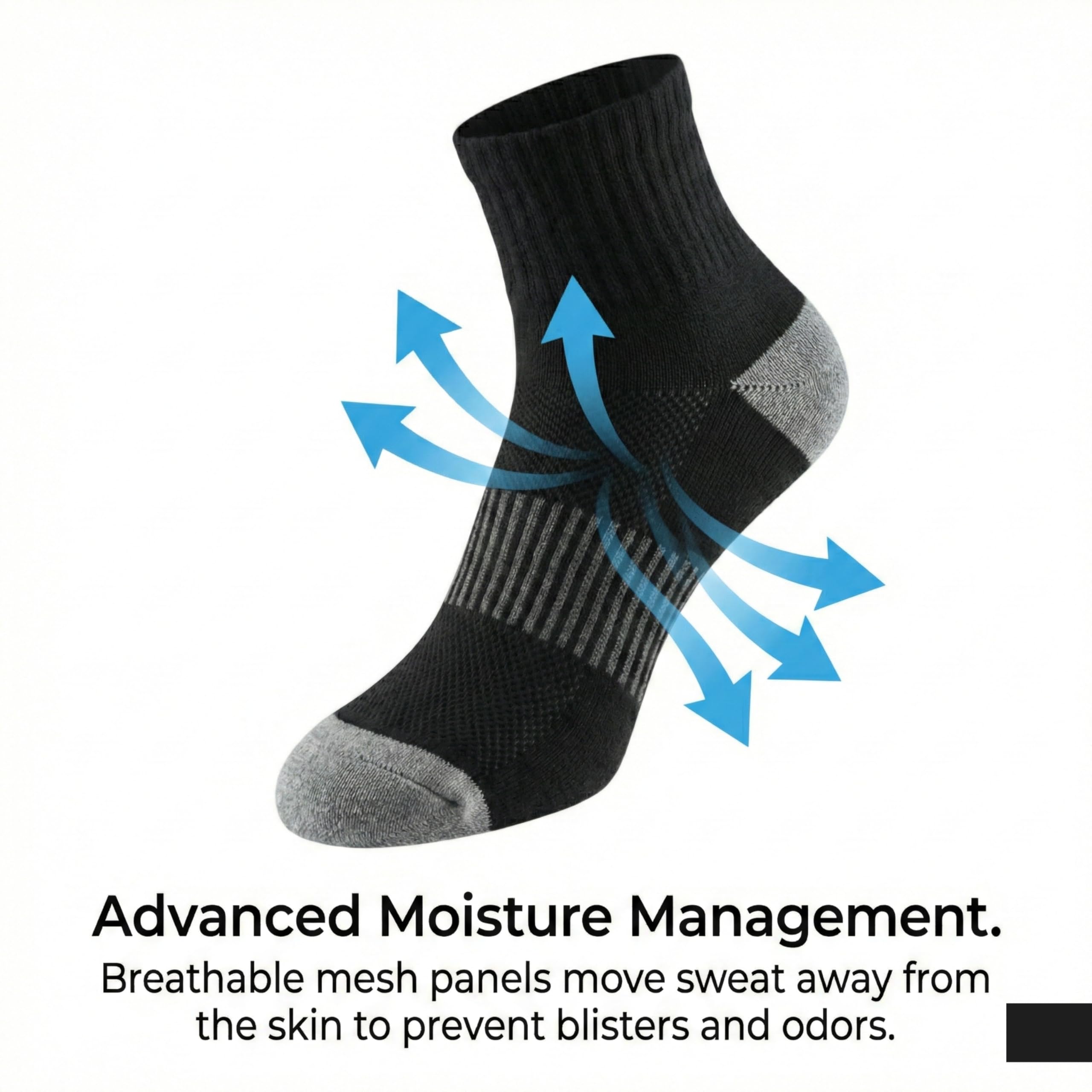 Black sock with blue arrows indicating moisture management on a white background