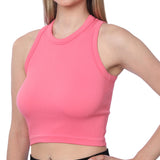 Isadora Paccini Women's Pink Medium Sleeveless Cropped Ribbed Knit Scoop Neck Double Lined Racerback Design Going Out Tops for Women