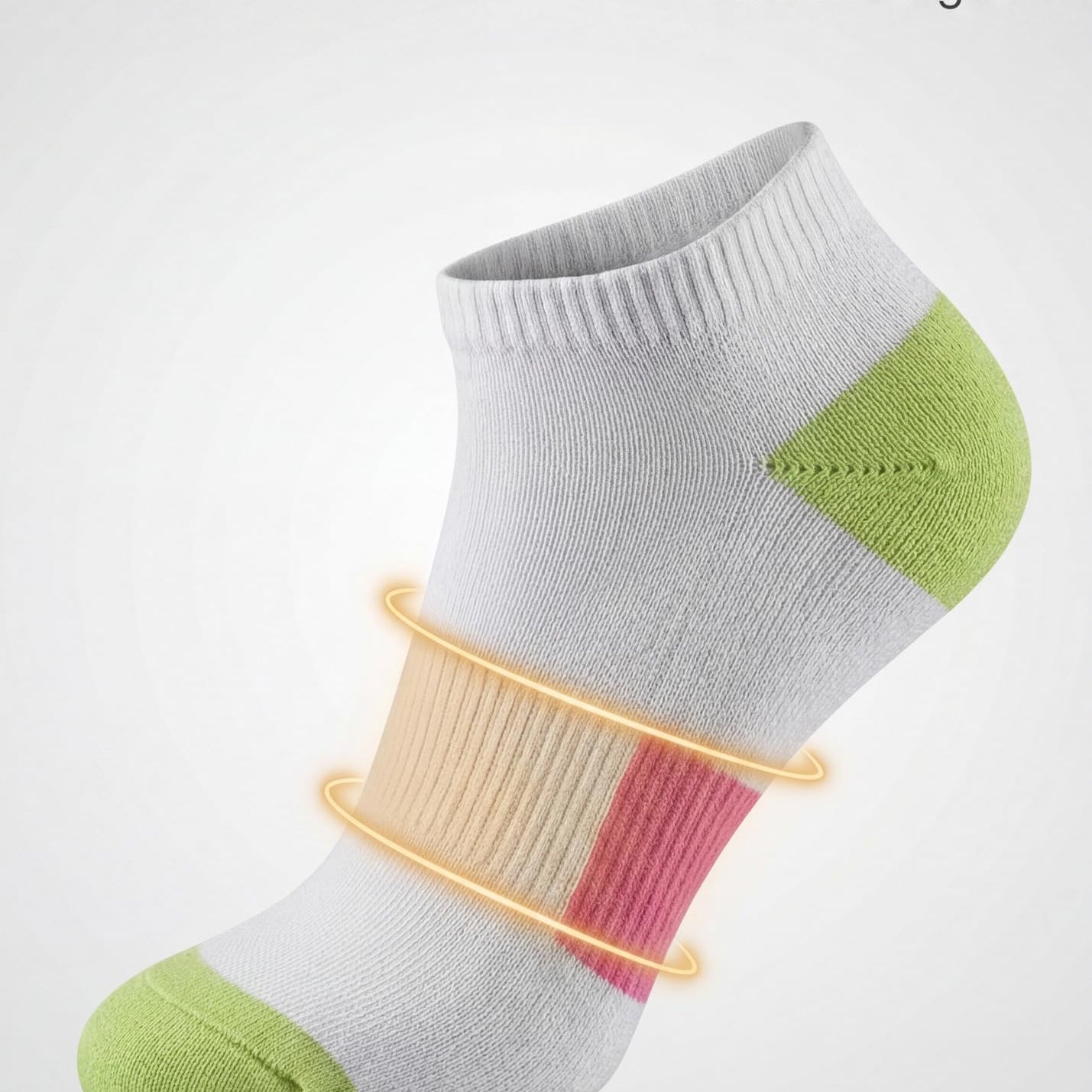 White ankle sock with green accents and arch support on a white background