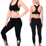 Isadora Paccini Women’s 2-Piece Yoga Set – Black Neon Breeze Racerback Sports Bra & High-Waisted Leggings