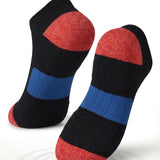 Black, red, and blue socks with cushioned sole comfort on a white background